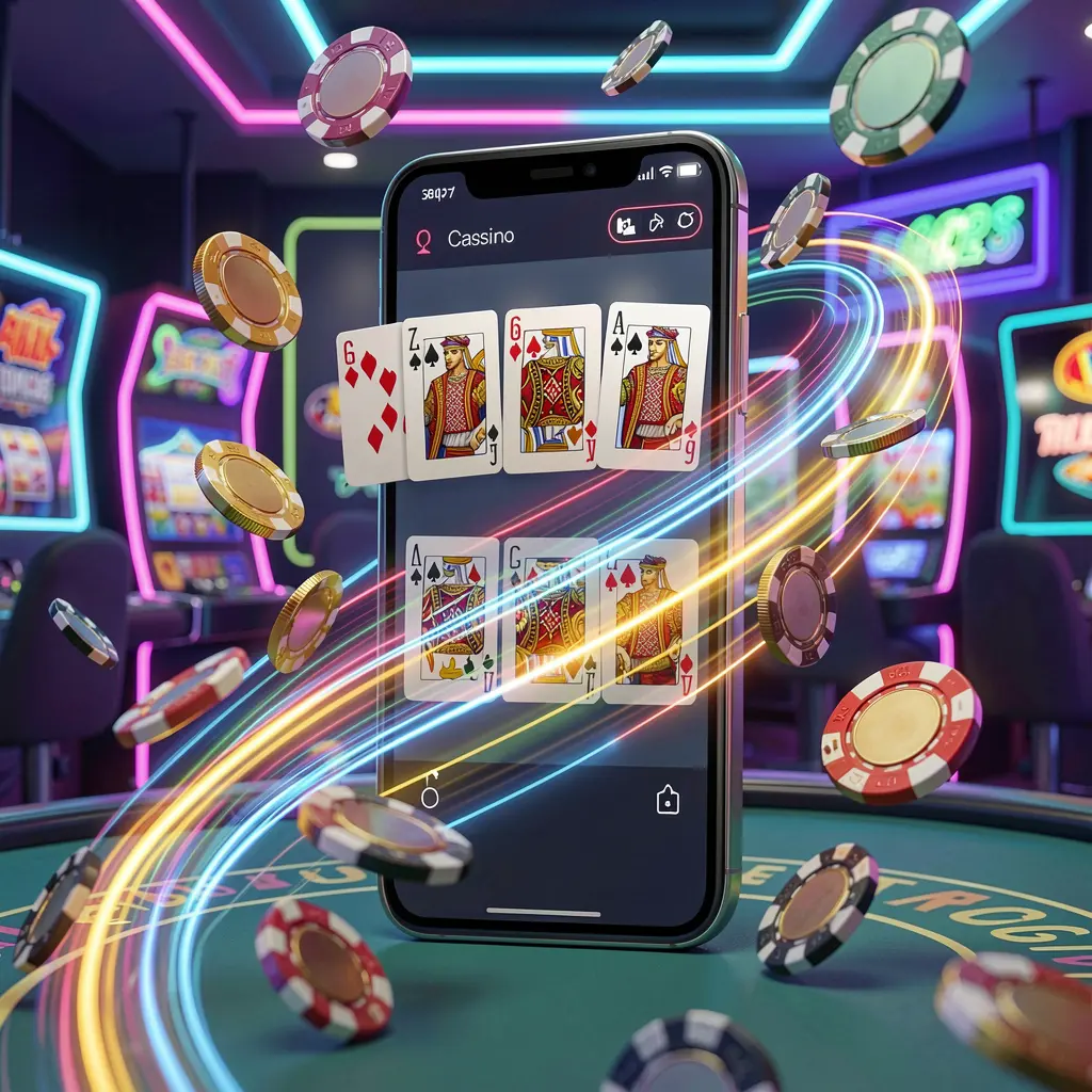 Visual akses cepat aplikasi kasino 6668K yang menampilkan ponsel pintar dengan jejak cahaya kecepatan, koin dan chip beterbangan di latar belakang kasino neon modern dalam render 3D yang dinamis