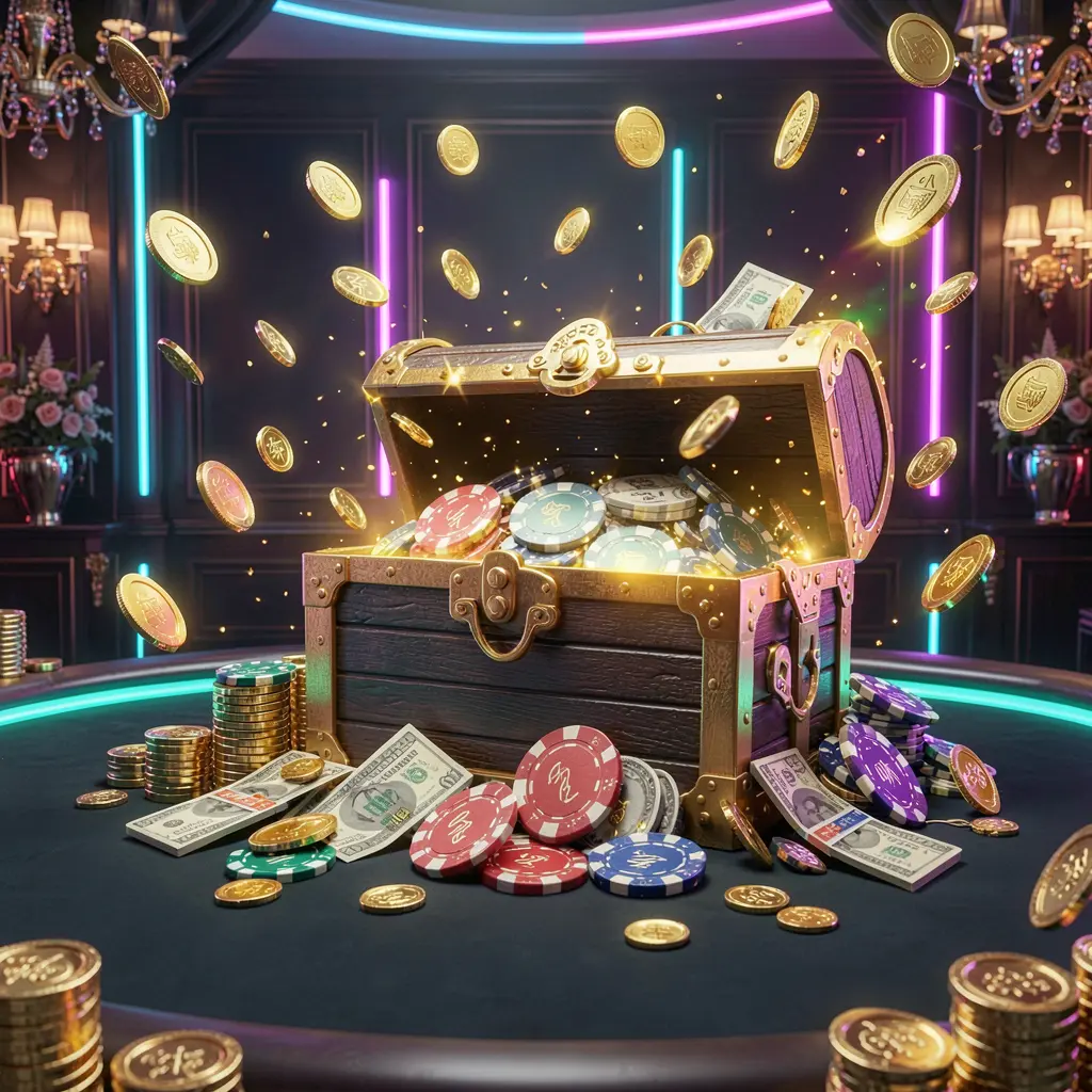 Banner utama bonus kasino daring premium untuk 6668K yang menampilkan koin emas beterbangan di udara dan peti harta bercahaya penuh chip dan uang tunai dengan latar belakang gelap mewah beraksen neon, menciptakan suasana kasino yang meriah dan elegan dengan detail tinggi serta pencahayaan realistis 3D sinematik