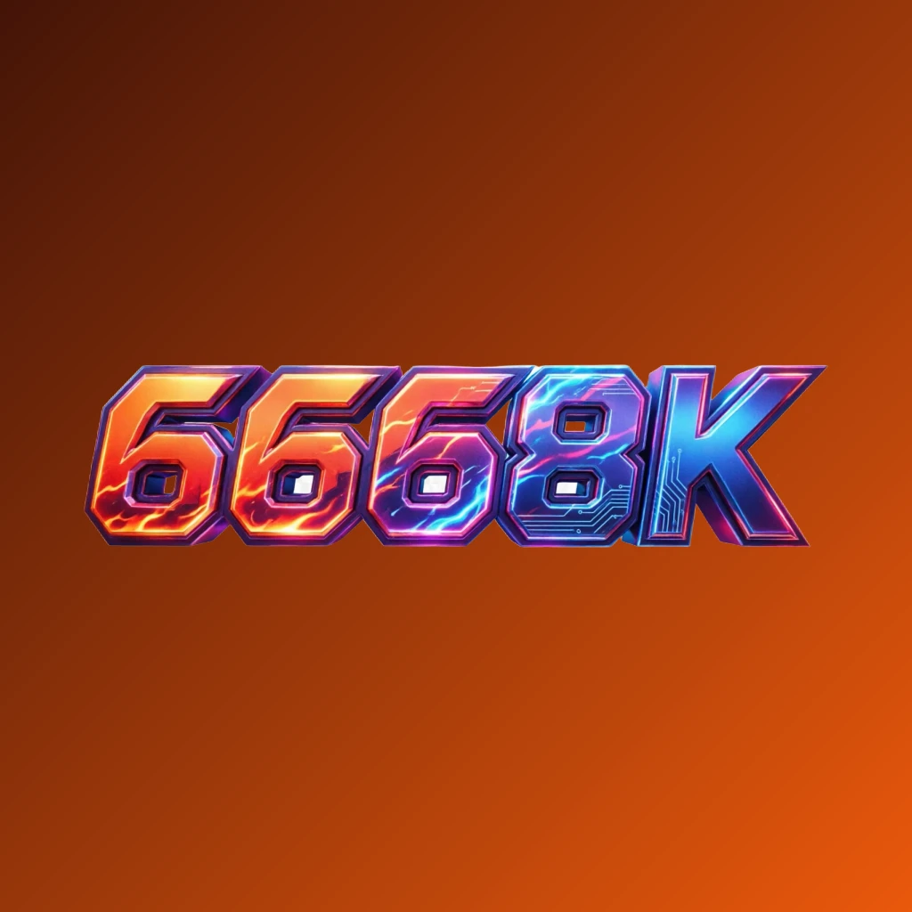 Logo permainan 3D yang berani dengan teks 6668K dalam warna energik, logo tanda kata persegi panjang horizontal bergaya modern terinspirasi esports dengan latar belakang transparan untuk header situs web