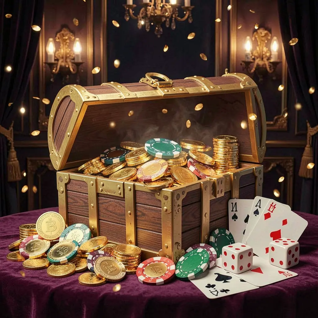 Banner selamat datang kasino daring 6668K yang menampilkan peti harta berisi koin emas dan chip kasino, dikelilingi oleh kartu remi dan dadu dengan latar belakang gelap mewah serta suasana premium yang meriah